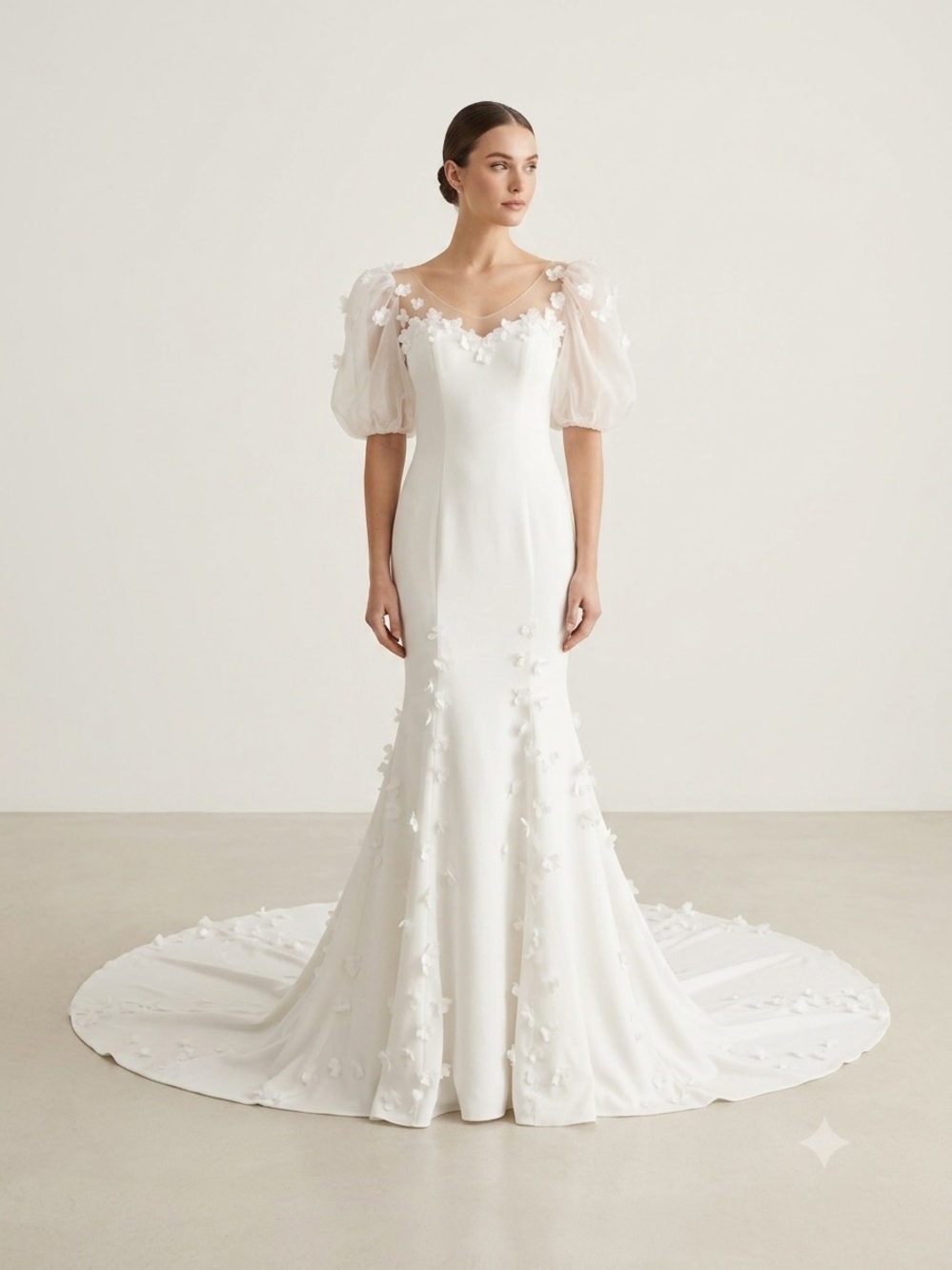 Elegant Light Ivory Bridal Gown with Puff Sleeves